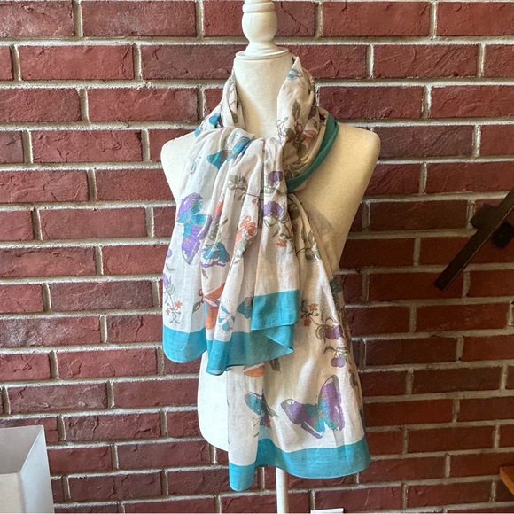 •Ginnie Johansen Vintage 87’Cotton Floral Butterfly Shawl Scarf Made In Japan - Picture 13 of 13